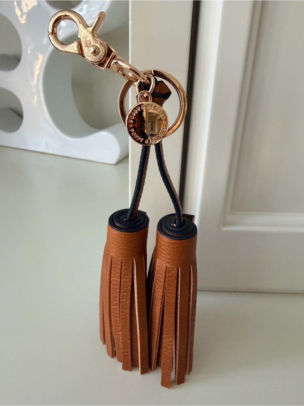 POPPY & PEONIES Leather Brown Double Tassel Bag Purse Charm Gold Hardware